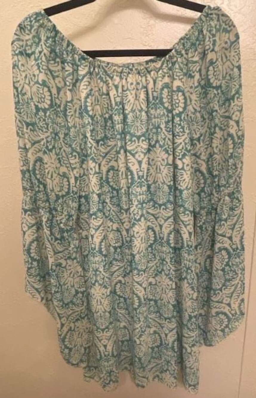 Teal and Off White Floral Off-the-Shoulder Bell Sleeve Dress